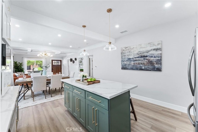 4400 Homer St, Los Angeles, CA 90031 - kitchen with green cabinetry, light wood-type flooring, recessed lighting, beam ceiling, and a chandelier
