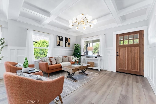 4400 Homer St, Los Angeles, CA 90031 - living room featuring a decorative wall, coffered ceiling, healthy amount of natural light, beam ceiling, and light wood-type flooring