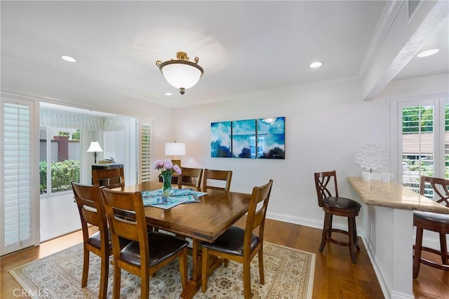 5185 Duenas, Laguna Woods, CA 92637 - dining space with wood finished floors, recessed lighting, and ornamental molding