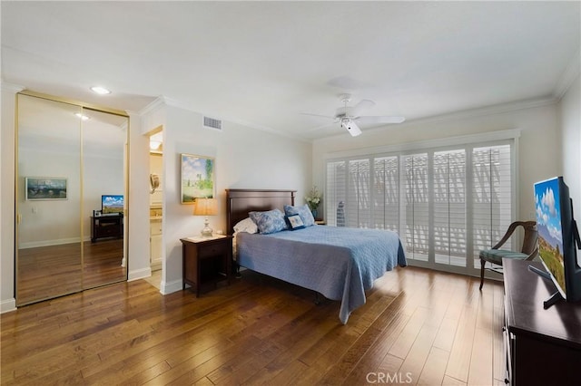5185 Duenas, Laguna Woods, CA 92637 - bedroom with hardwood / wood-style flooring, ornamental molding, access to exterior, a ceiling fan, and recessed lighting