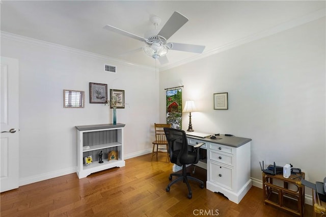 5185 Duenas, Laguna Woods, CA 92637 - office space with ceiling fan, wood finished floors, and crown molding