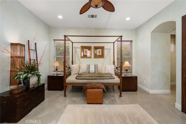 56102 Baltusrol Ln, Quinta, CA 92253 - sitting room featuring arched walkways, a ceiling fan, finished concrete floors, and recessed lighting