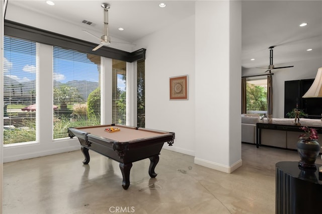 56102 Baltusrol Ln, Quinta, CA 92253 - game room with ceiling fan, concrete floors, billiards table, and recessed lighting