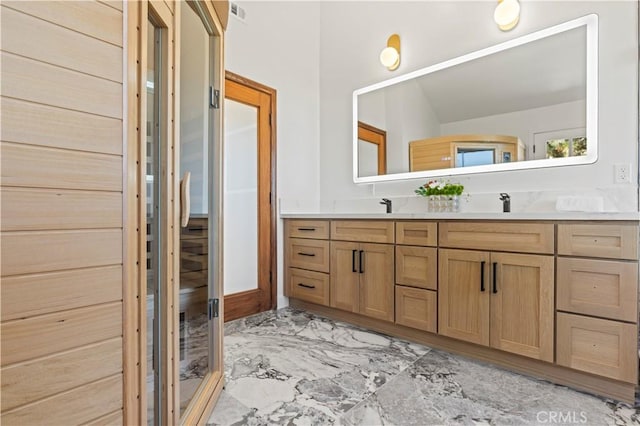 8280 Grand View Dr, Los Angeles, CA 90046 - full bathroom with double vanity, marble finish flooring, and a sauna / steam room