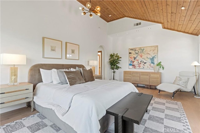 8280 Grand View Dr, Los Angeles, CA 90046 - bedroom with wood ceiling, arched walkways, wood finished floors, a chandelier, and high vaulted ceiling