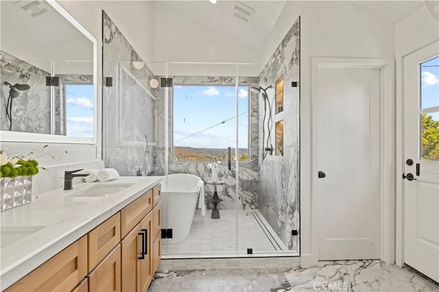8280 Grand View Dr, Los Angeles, CA 90046 - full bath featuring a marble finish shower, lofted ceiling, a soaking tub, double vanity, and marble finish floors