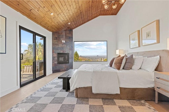 8280 Grand View Dr, Los Angeles, CA 90046 - bedroom with wood ceiling, multiple windows, access to exterior, lofted ceiling, and a chandelier