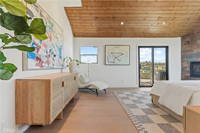 8280 Grand View Dr, Los Angeles, CA 90046 - bedroom featuring access to exterior, wood ceiling, lofted ceiling, and wood finished floors