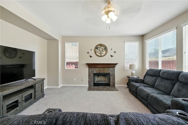31258 Shadow Ridge Dr, Menifee, CA 92584 - carpeted living area with ceiling fan and a tile fireplace
