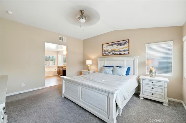 31258 Shadow Ridge Dr, Menifee, CA 92584 - bedroom with carpet floors, vaulted ceiling, ensuite bath, and ceiling fan