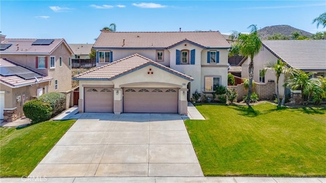 31258 Shadow Ridge Dr, Menifee, CA 92584 - mediterranean / spanish home featuring stucco siding, an attached garage, a tile roof, and concrete driveway