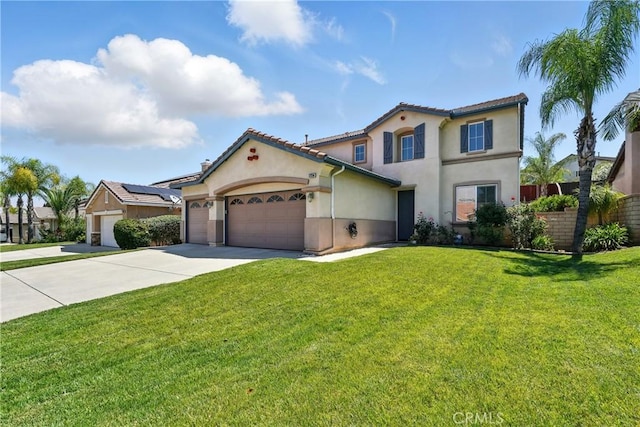 31258 Shadow Ridge Dr, Menifee, CA 92584 - mediterranean / spanish home featuring concrete driveway, stucco siding, an attached garage, and a front lawn