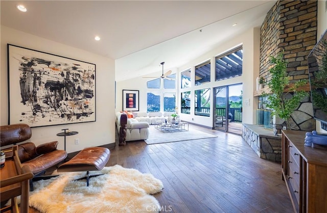 1960 Polaris Dr, Glendale, CA 91208 - living room with dark wood-type flooring, a ceiling fan, vaulted ceiling, and recessed lighting