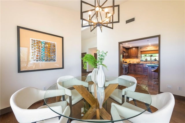 1960 Polaris Dr, Glendale, CA 91208 - dining area featuring a chandelier, dark wood finished floors, and a high ceiling