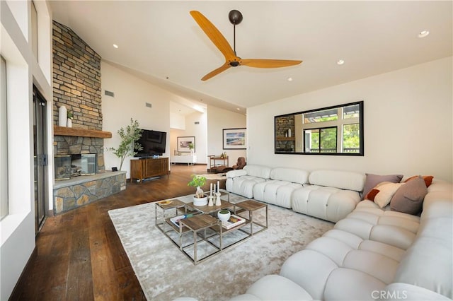 1960 Polaris Dr, Glendale, CA 91208 - living area with vaulted ceiling, hardwood / wood-style floors, a ceiling fan, a stone fireplace, and recessed lighting