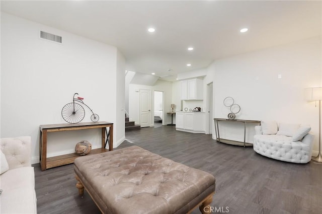 3120 Tara, Costa Mesa, CA 92626 - living room featuring stairway, dark wood finished floors, recessed lighting, and vaulted ceiling