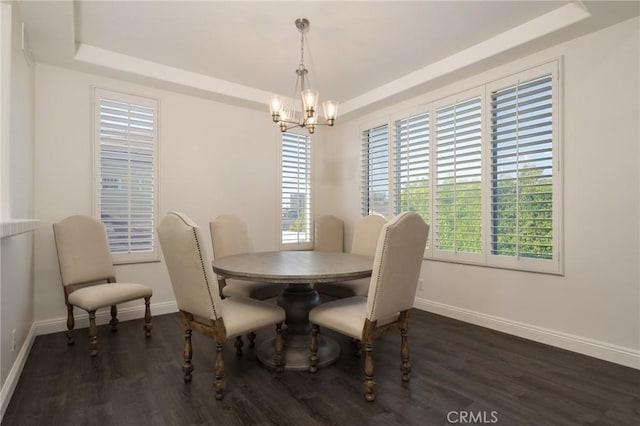 3120 Tara, Costa Mesa, CA 92626 - dining space with a raised ceiling, a chandelier, and dark wood-style floors