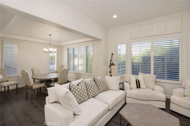 3120 Tara, Costa Mesa, CA 92626 - living area with a chandelier, dark wood-style floors, recessed lighting, and a tray ceiling
