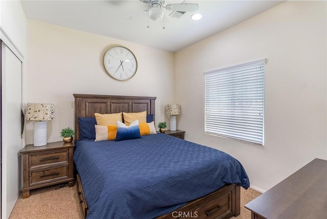67760 Rio Vista Dr, Cathedral City, CA 92234 - bedroom with light colored carpet and ceiling fan