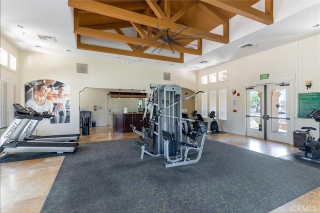 67760 Rio Vista Dr, Cathedral City, CA 92234 - exercise room featuring a high ceiling and french doors