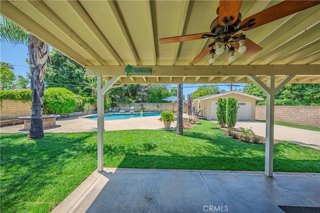 644 E Mountain View Ave, Glendora, CA 91741 - fenced backyard featuring an outbuilding, ceiling fan, and a patio area