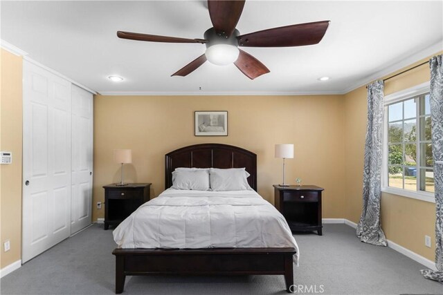 644 E Mountain View Ave, Glendora, CA 91741 - carpeted bedroom with crown molding, a closet, a ceiling fan, and recessed lighting