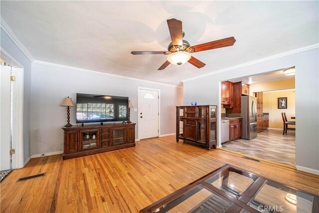 644 E Mountain View Ave, Glendora, CA 91741 - living area featuring light wood-type flooring, a ceiling fan, and crown molding