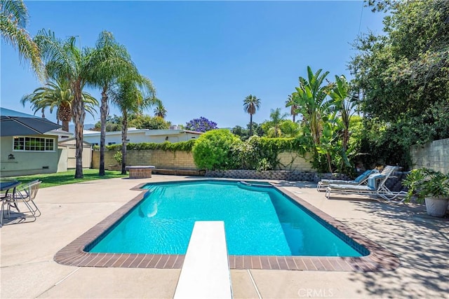 644 E Mountain View Ave, Glendora, CA 91741 - view of swimming pool featuring a fenced backyard, a patio area, and a diving board