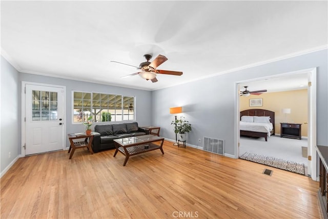 644 E Mountain View Ave, Glendora, CA 91741 - living room featuring a ceiling fan, ornamental molding, and light wood finished floors