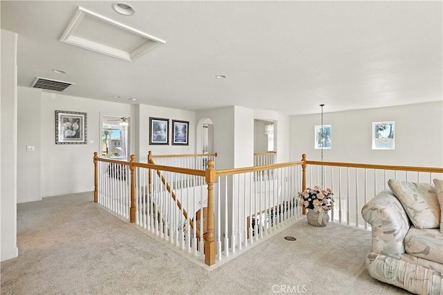 9790 Heatherhearst Dr, Chowchilla, CA 93610 - hall featuring carpet flooring, healthy amount of natural light, attic access, and recessed lighting