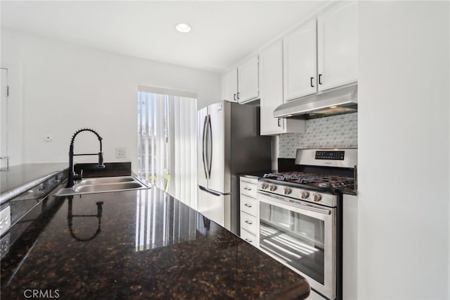 2827 S Fairview St Unit O, Santa Ana, CA 92704 - kitchen featuring under cabinet range hood, appliances with stainless steel finishes, white cabinets, tasteful backsplash, and dark stone countertops