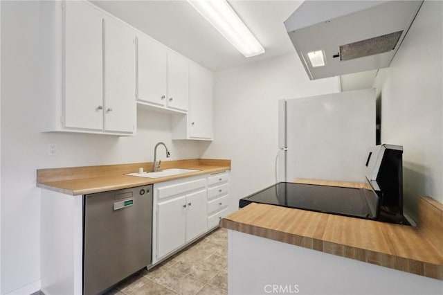 1010 W Macarthur Blvd Unit 24, Santa Ana, CA 92707 - kitchen with dishwasher, freestanding refrigerator, white cabinetry, electric stove, and wooden counters