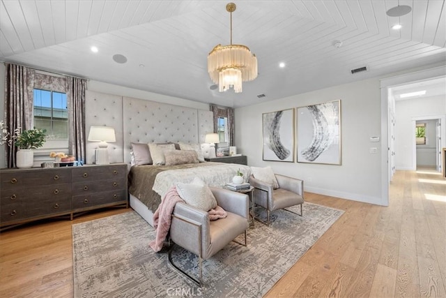 910 28th St, Manhattan Beach, CA 90266 - bedroom with multiple windows, wood ceiling, wood finished floors, recessed lighting, and a chandelier