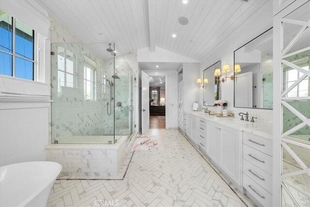 910 28th St, Manhattan Beach, CA 90266 - bathroom featuring a marble finish shower, a soaking tub, double vanity, recessed lighting, and wood ceiling