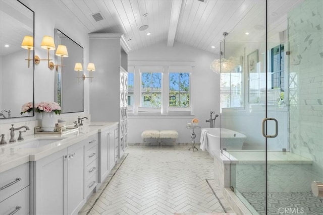 910 28th St, Manhattan Beach, CA 90266 - bathroom with double vanity, a freestanding bath, a shower stall, and recessed lighting