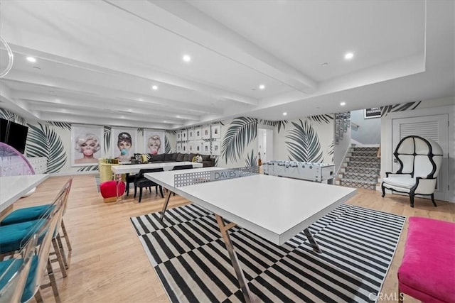 910 28th St, Manhattan Beach, CA 90266 - interior space with light wood-style flooring, recessed lighting, beamed ceiling, and stairway