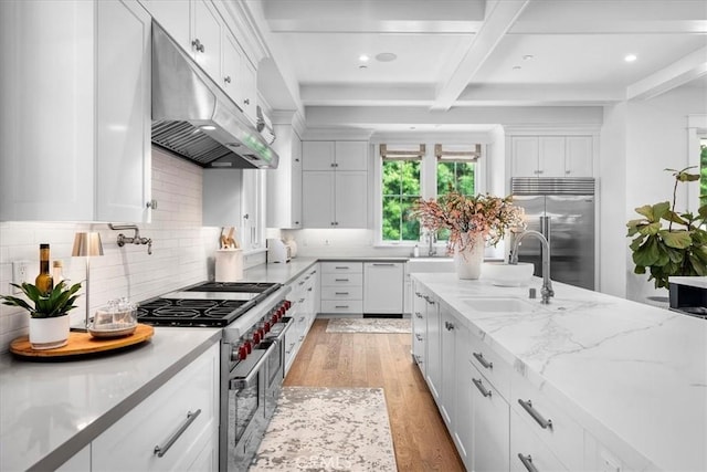910 28th St, Manhattan Beach, CA 90266 - kitchen with high end appliances, under cabinet range hood, white cabinetry, beam ceiling, and coffered ceiling