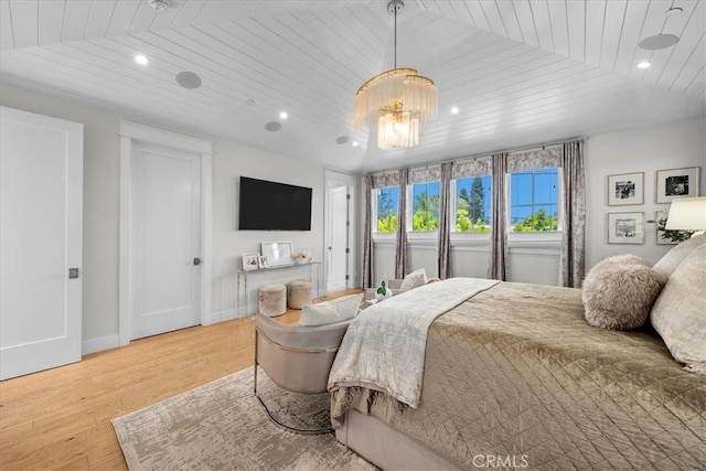 910 28th St, Manhattan Beach, CA 90266 - bedroom with wooden ceiling, wood finished floors, recessed lighting, and a chandelier