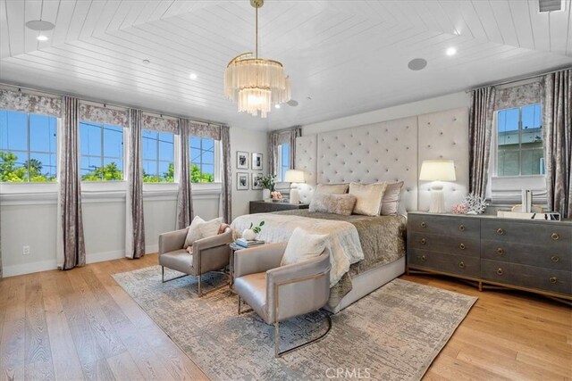 910 28th St, Manhattan Beach, CA 90266 - bedroom featuring multiple windows, a chandelier, wooden ceiling, hardwood / wood-style floors, and recessed lighting