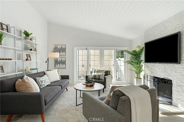 26342 Via Conchita, Mission Viejo, CA 92691 - living area with lofted ceiling, a stone fireplace, and wooden ceiling