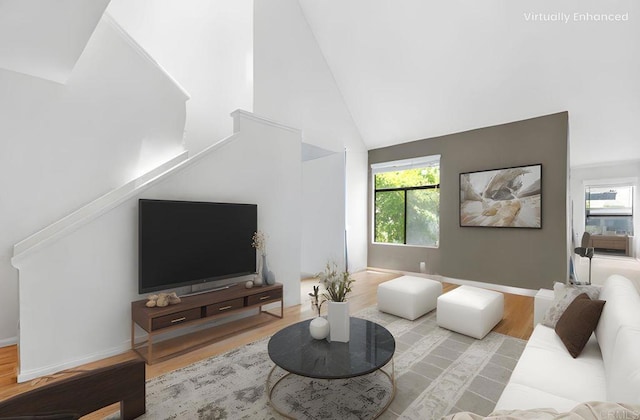 2224 River Run Dr Unit 154, San Diego, CA 92108 - living area with wood finished floors and high vaulted ceiling
