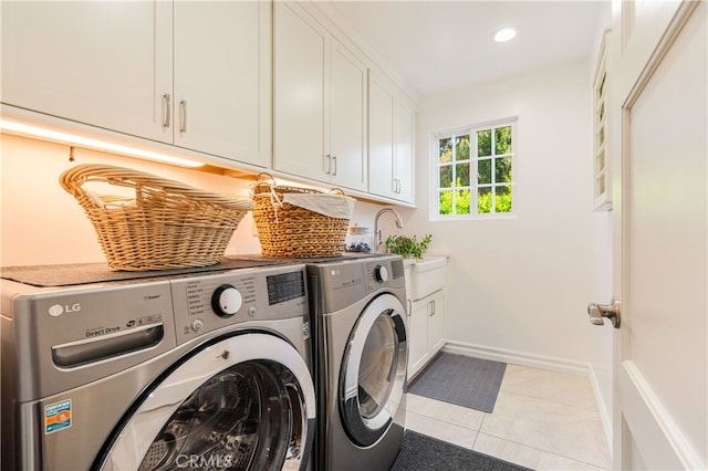 4022 Willowcrest Ave, Studio City, CA 91604 - washroom with cabinet space, independent washer and dryer, light tile patterned flooring, and recessed lighting