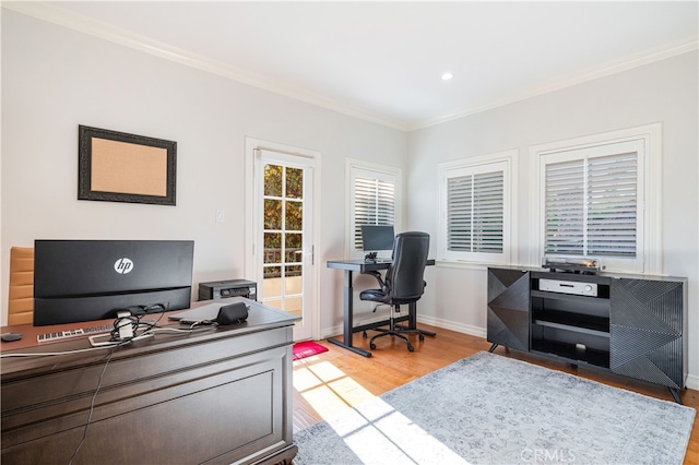 4022 Willowcrest Ave, Studio City, CA 91604 - office area featuring light wood-type flooring, ornamental molding, and recessed lighting