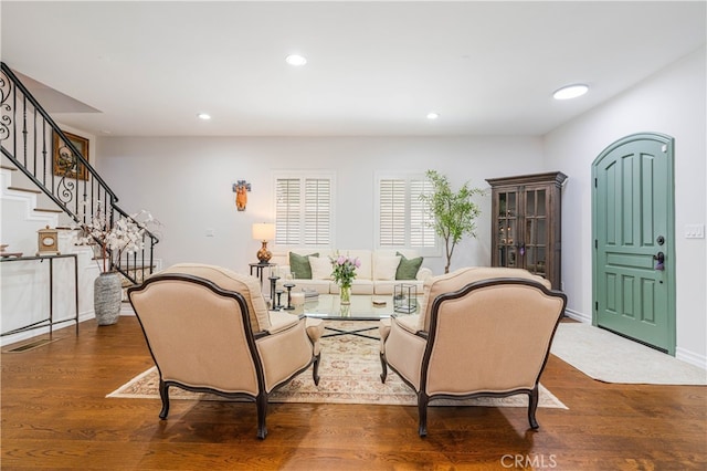 4022 Willowcrest Ave, Studio City, CA 91604 - living area with stairs, wood finished floors, and recessed lighting