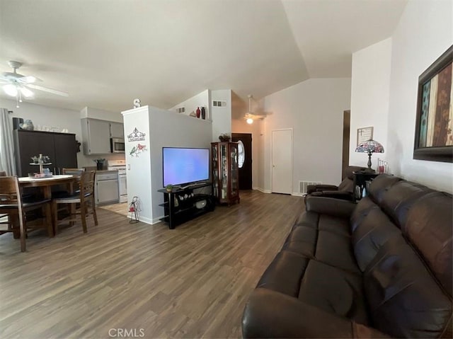 6720 Shaded Wood Pl, Rancho Cucamonga, CA 91701 - living room with a ceiling fan, vaulted ceiling, and wood finished floors