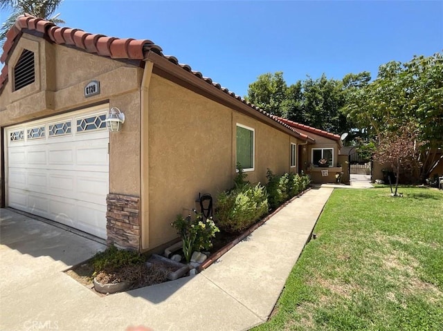 6720 Shaded Wood Pl, Rancho Cucamonga, CA 91701 - view of side of home with stucco siding, a yard, a tiled roof, and stone siding