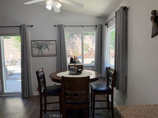 6720 Shaded Wood Pl, Rancho Cucamonga, CA 91701 - dining room featuring lofted ceiling, a ceiling fan, and wood finished floors