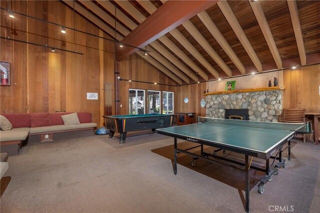2113 Meridian Blvd Unit 133, Mammoth Lakes, CA 93546 - playroom featuring wooden walls, billiards, carpet floors, high vaulted ceiling, and a wooden ceiling with exposed beams