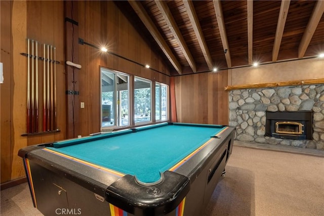 2113 Meridian Blvd Unit 133, Mammoth Lakes, CA 93546 - rec room featuring wooden ceiling, carpet flooring, wood walls, a stone fireplace, and billiards