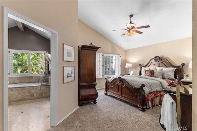 5620 La Paz St, Long Beach, CA 90803 - bedroom with lofted ceiling, ensuite bathroom, carpet flooring, and ceiling fan